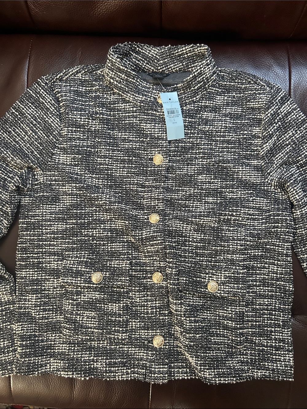 Ann Taylor Black & White MetallicTweed Cardigan with Gold Buttons